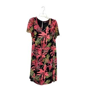 Vince Camuto Black & Pink Floral Flowy Short Sleeves Sheath Dress
